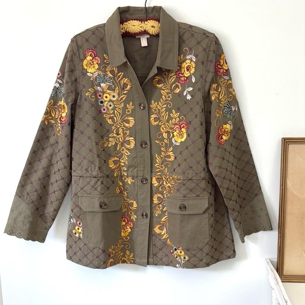 LOGO Lavish Lori Goldstein Floral Embroidered Boyfriend Jacket in Forrest Moss-S